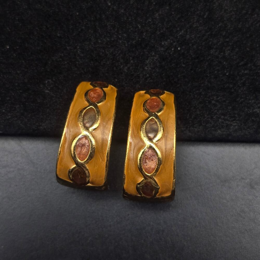 Orange Enamel Half Hoop Clip On Earrings Fall Autumn Vintage Jewelry
